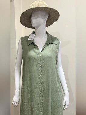 NWT Made in Italy Pure Linen Sage Green Sleeveless Midi Dress L